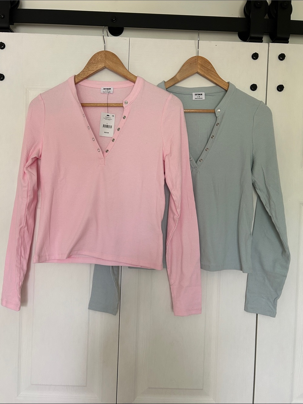 Pink & Grey Blue Ribbed V-Neck Long Sleeve Top with Snap Detail